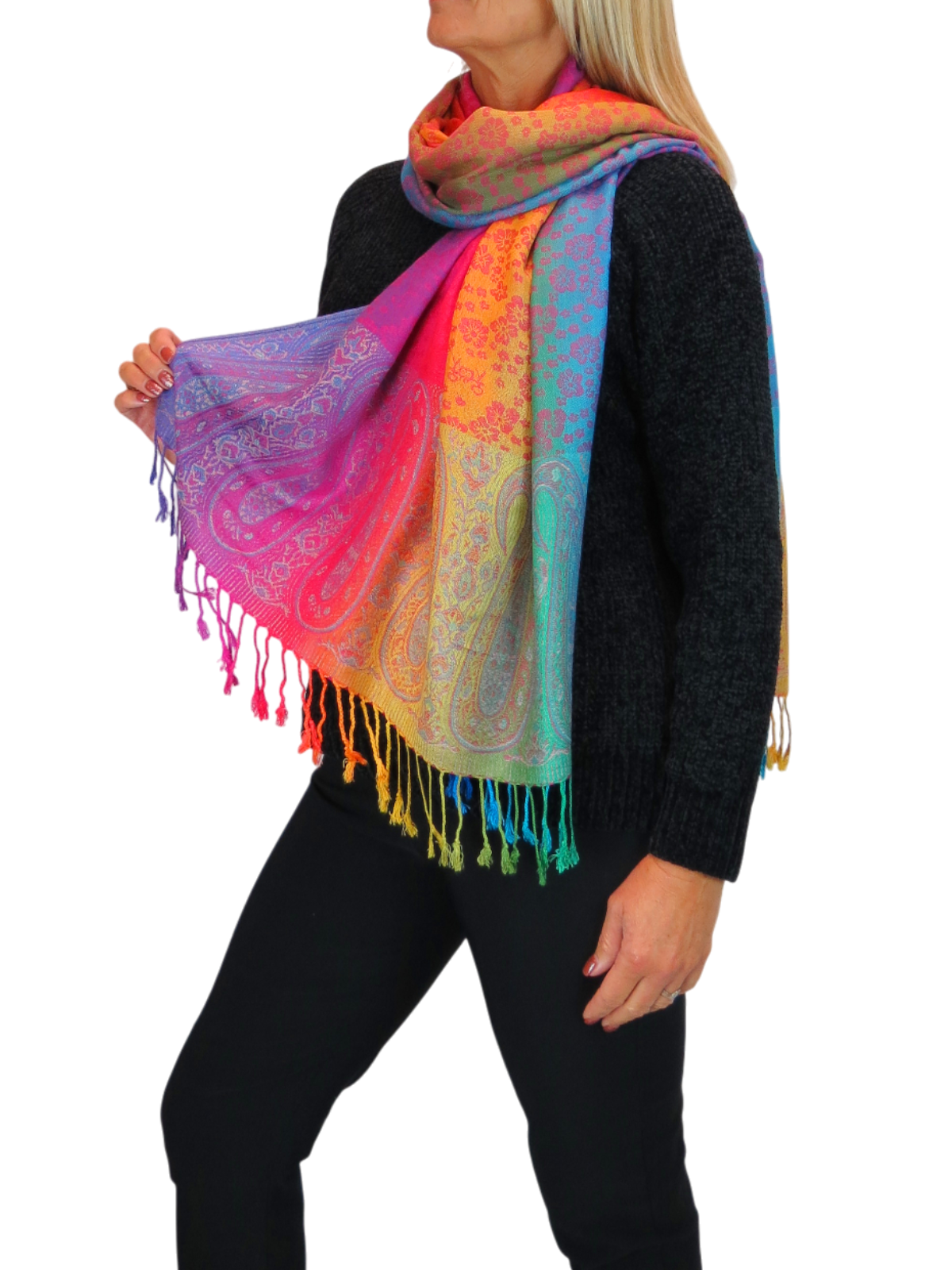Rainbow Floral Paisley Pashmina Shawl Scarf Pink