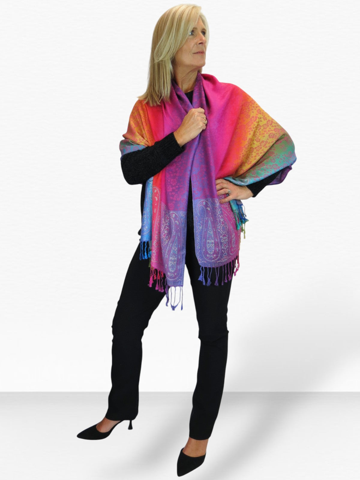 Rainbow Floral Paisley Pashmina Shawl Scarf Pink