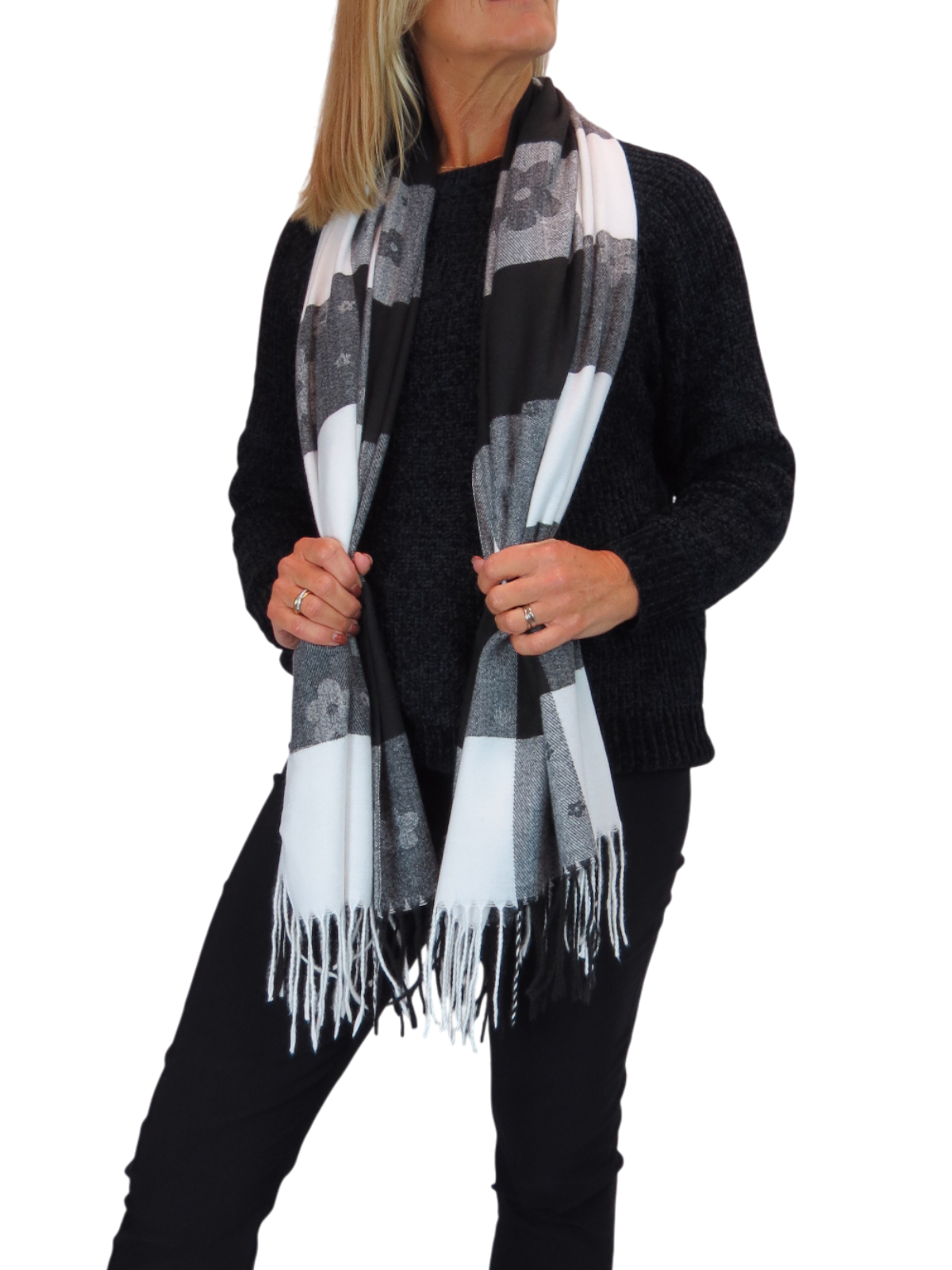 Wool Blend Scarf With Floral Details Black