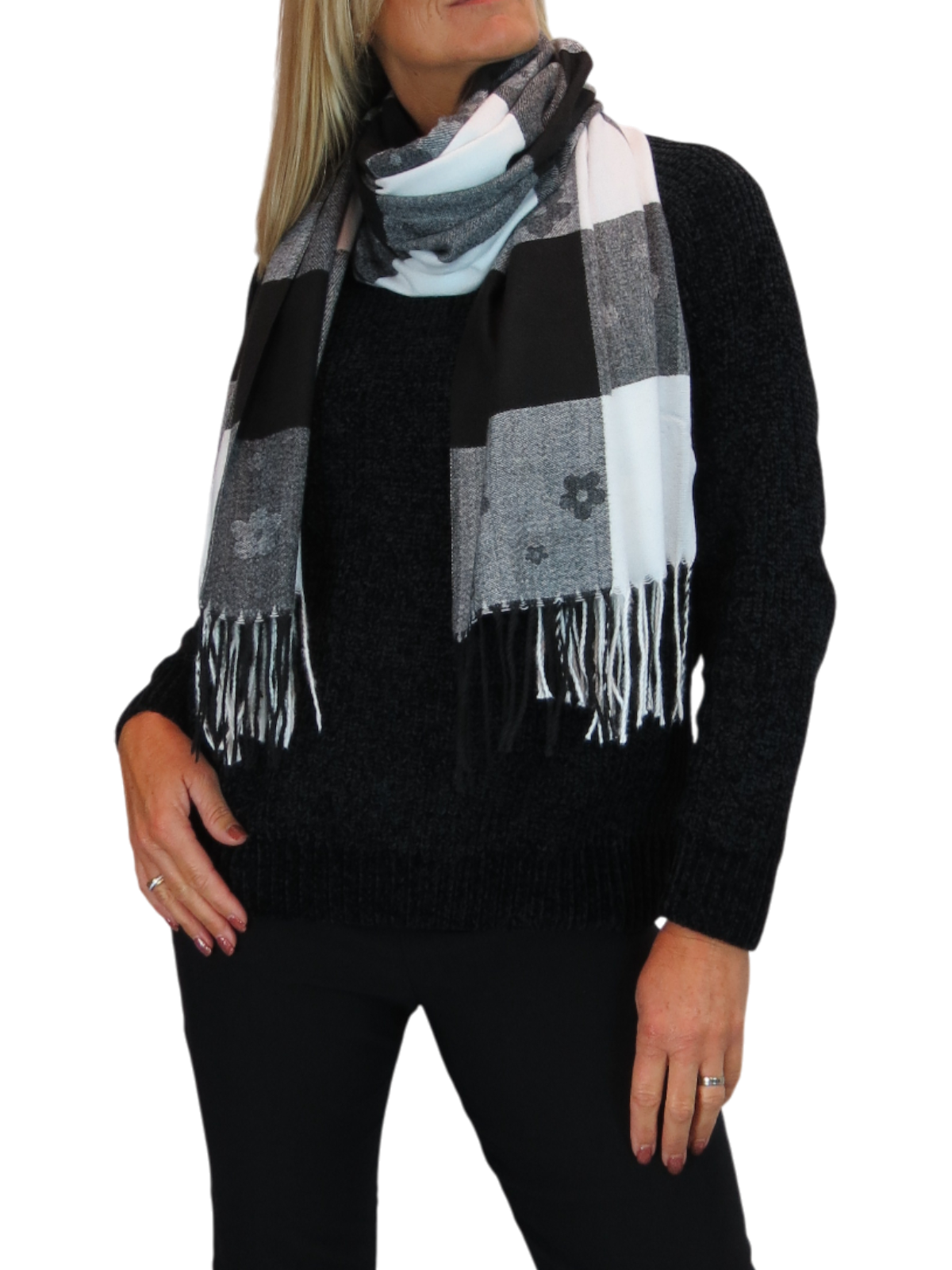 Wool Blend Scarf With Floral Details Black