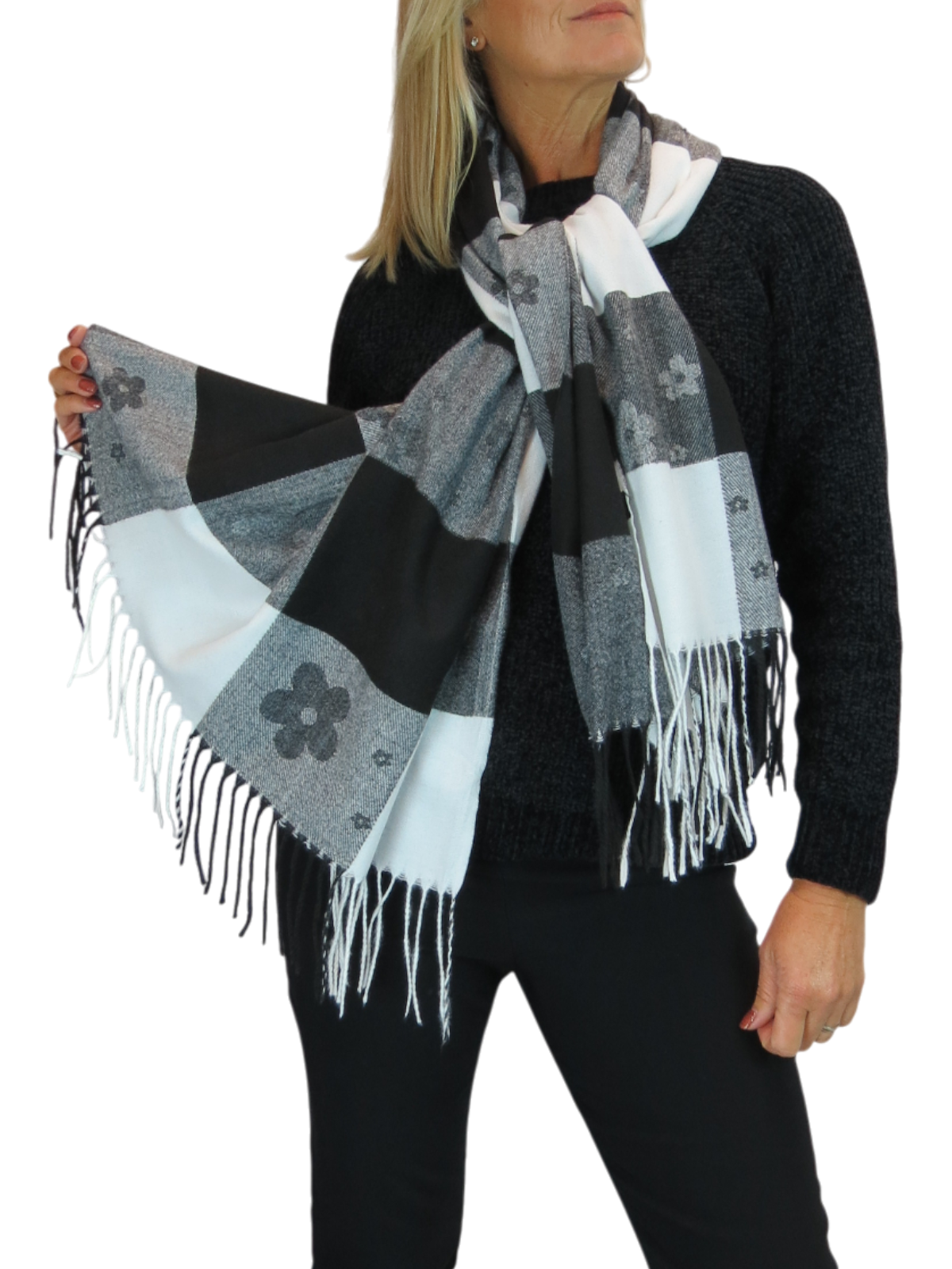 Wool Blend Scarf With Floral Details Black