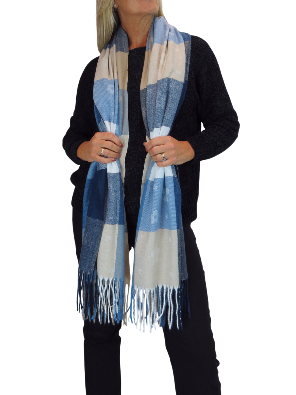 Wool Blend Scarf With Floral Details Blue