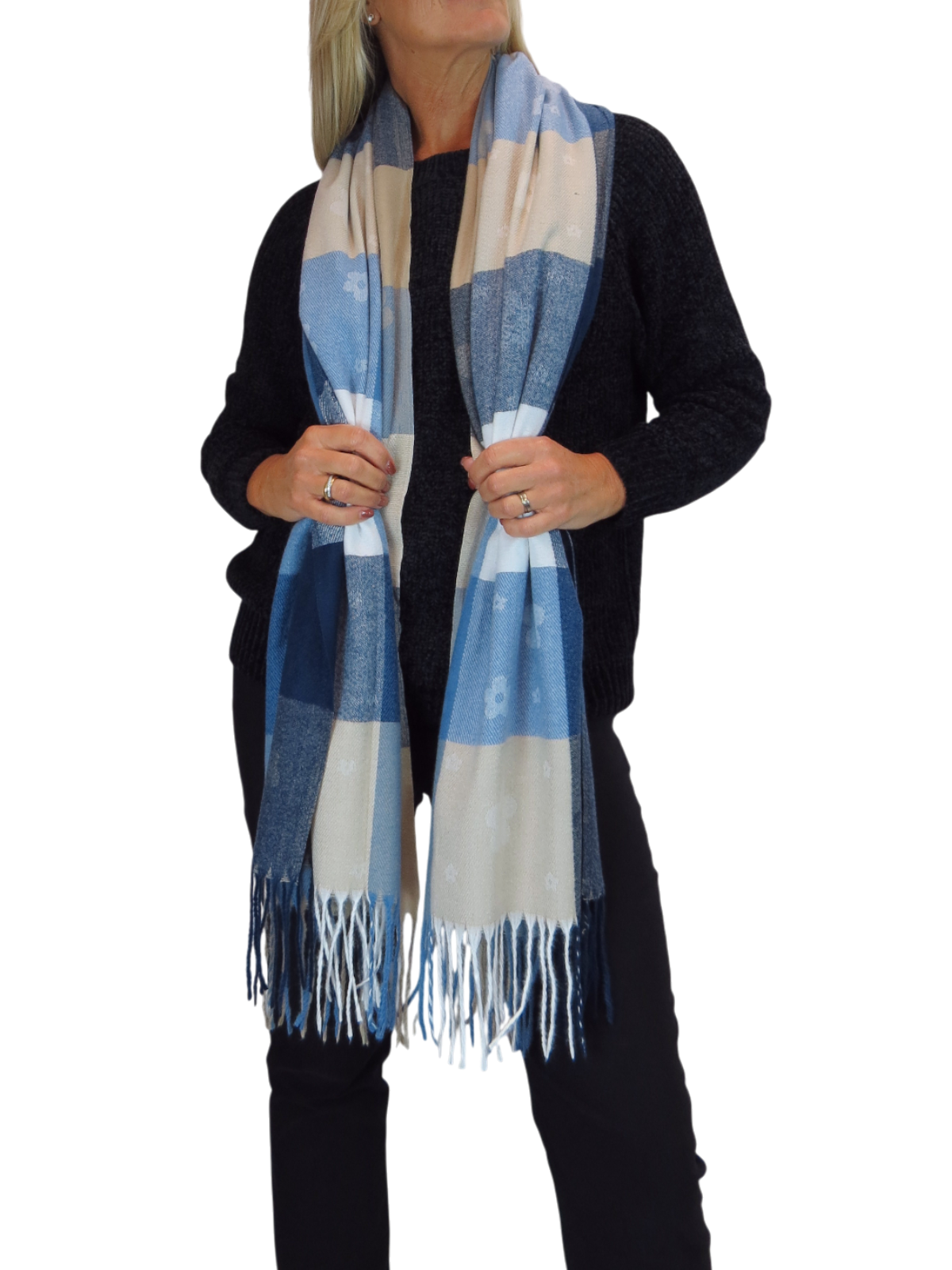 Wool Blend Scarf With Floral Details Blue
