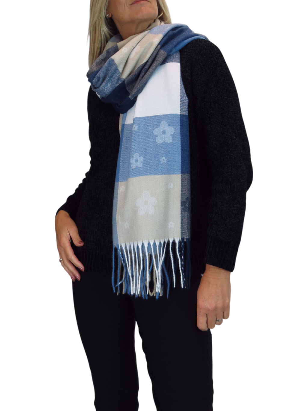 Wool Blend Scarf With Floral Details Blue