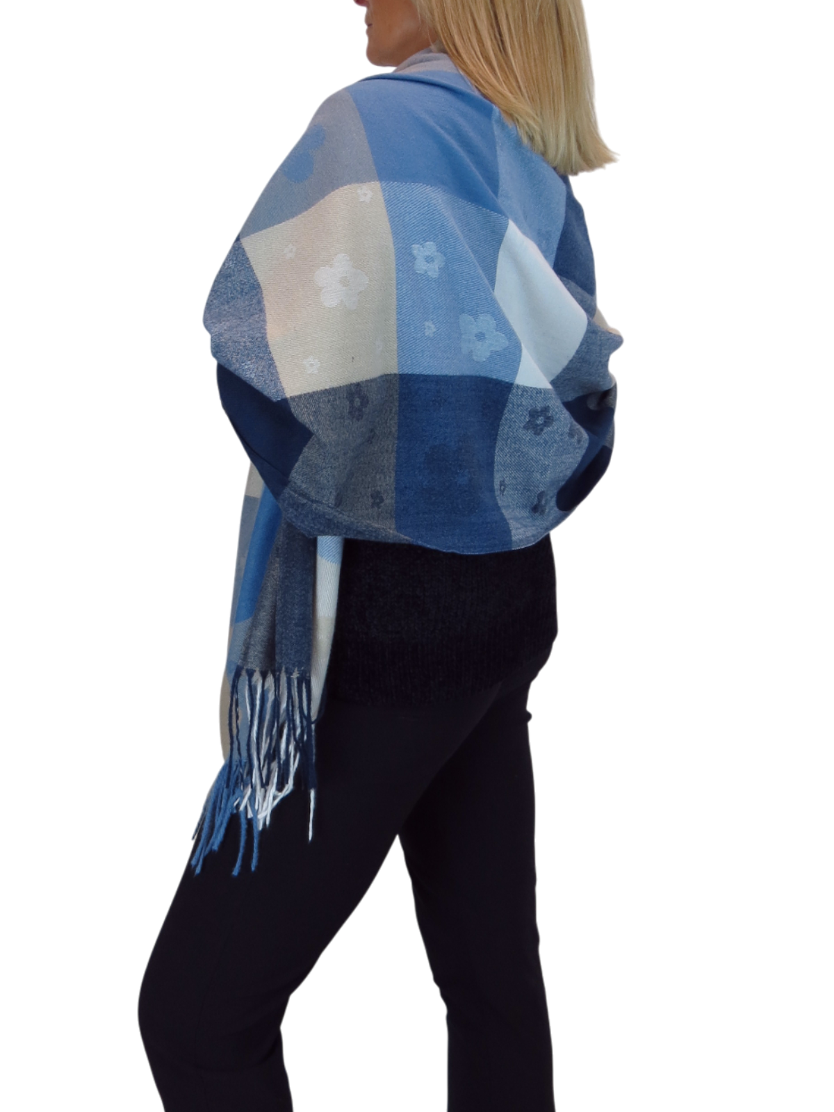 Wool Blend Scarf With Floral Details Blue