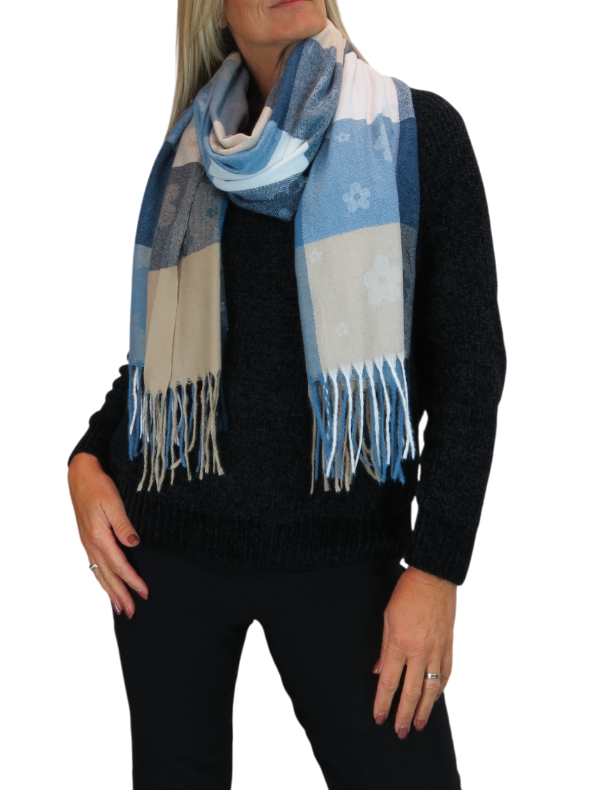 Wool Blend Scarf With Floral Details Blue