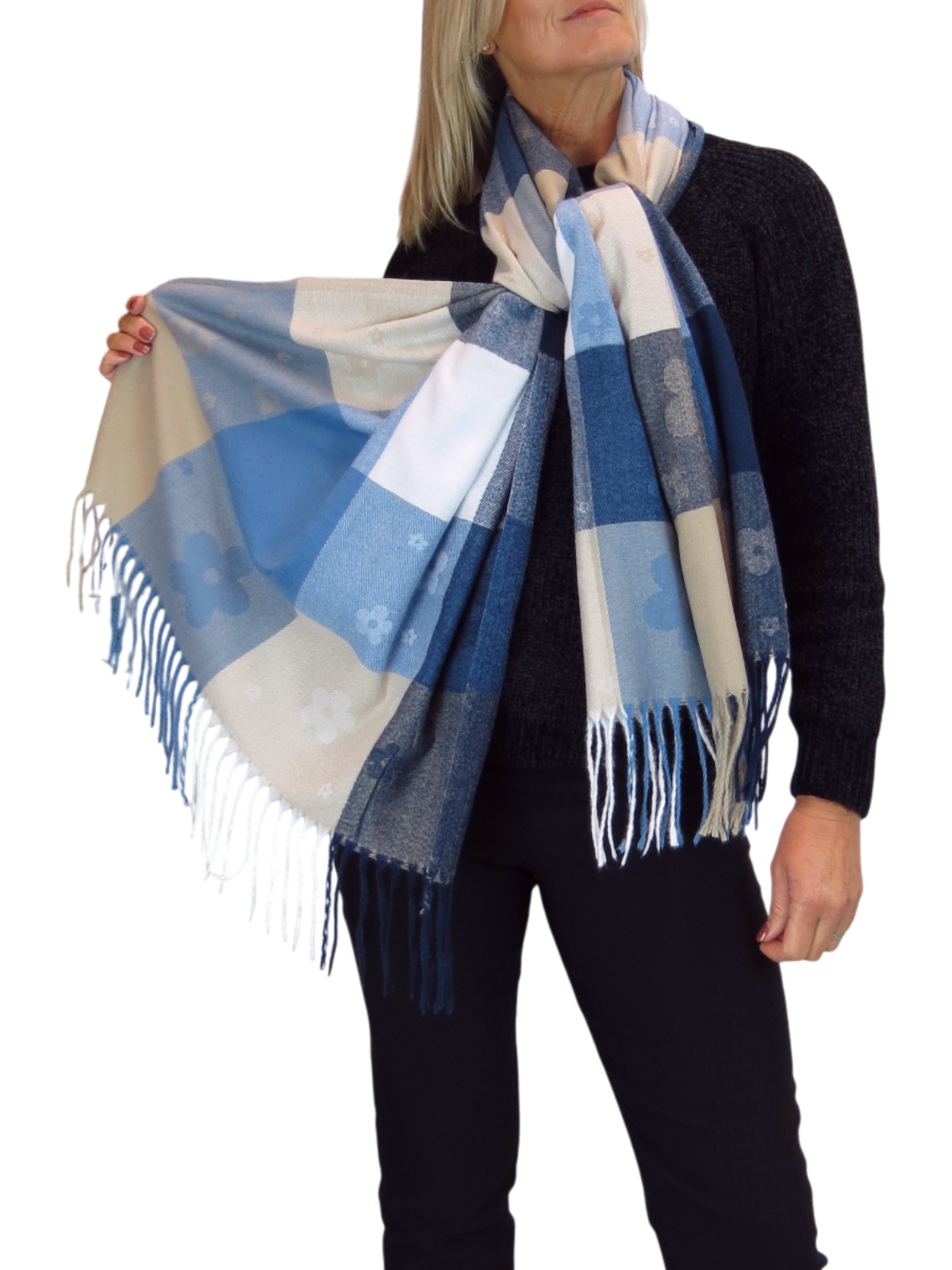 Wool Blend Scarf With Floral Details Blue