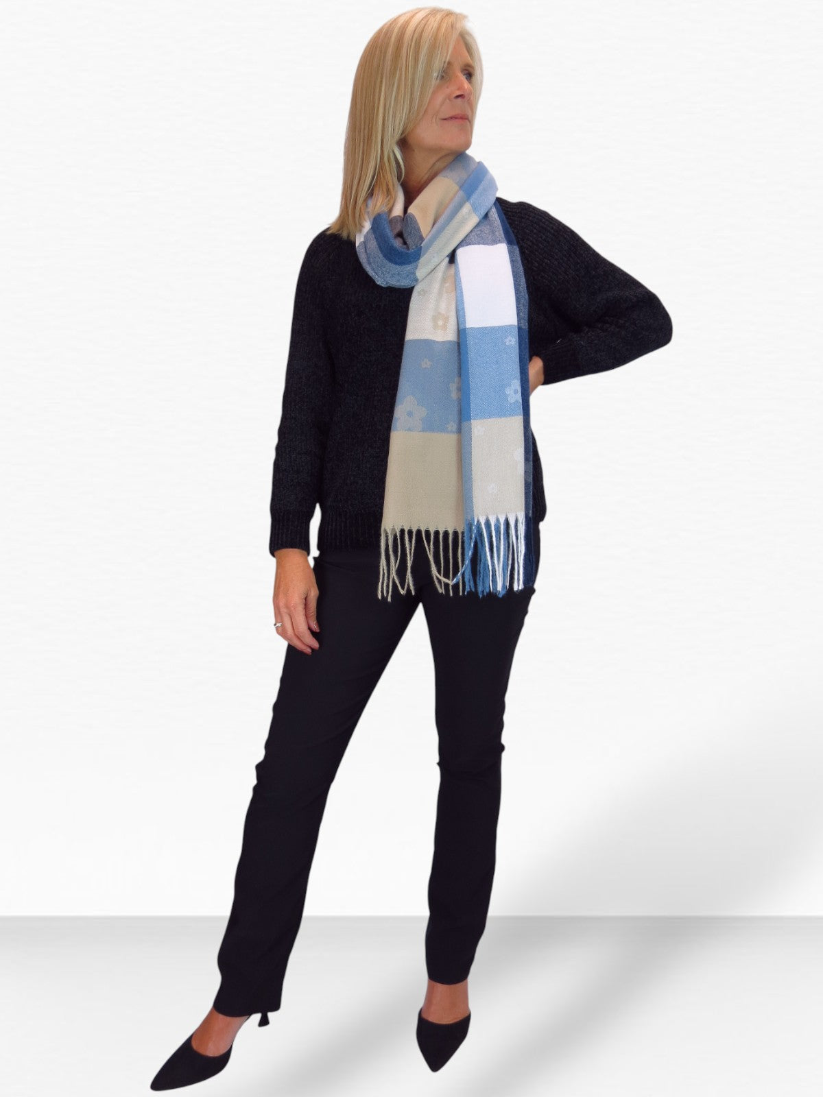 Wool Blend Scarf With Floral Details Blue