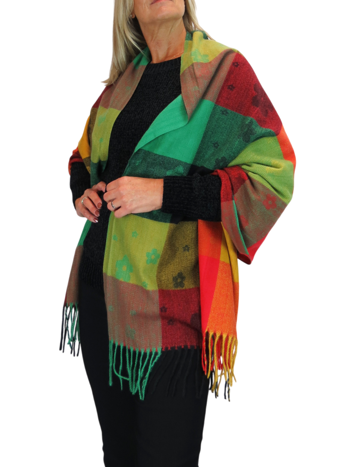 Wool Blend Scarf With Floral Details Green