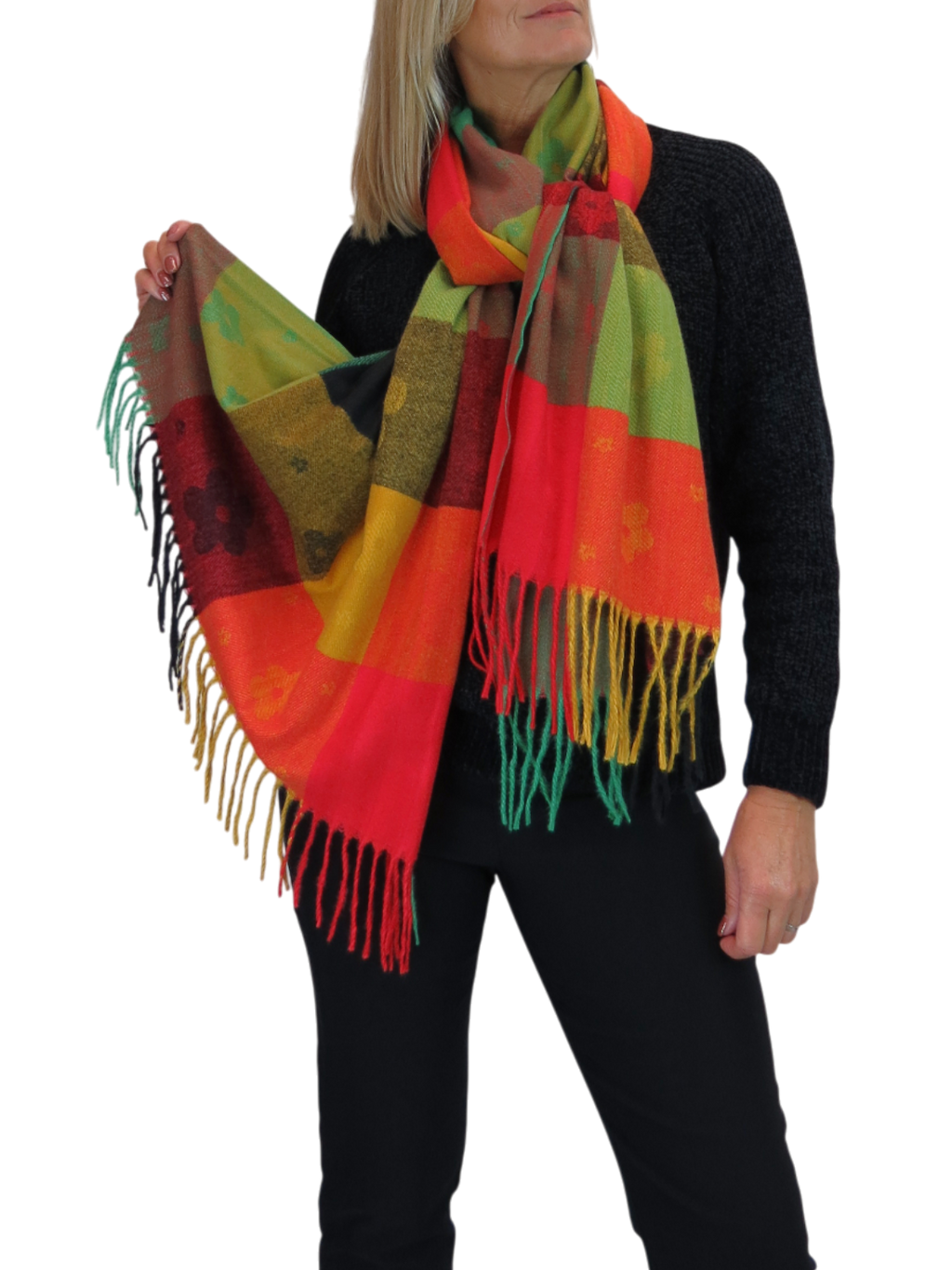 Wool Blend Scarf With Floral Details Green