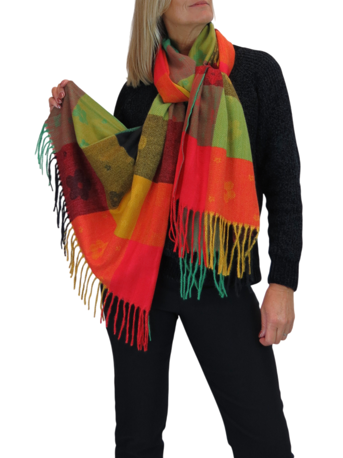 Wool Blend Scarf With Floral Details Green