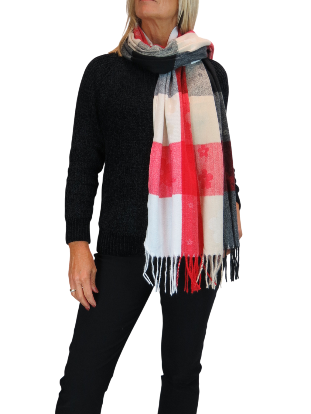 Wool Blend Scarf With Floral Details Red
