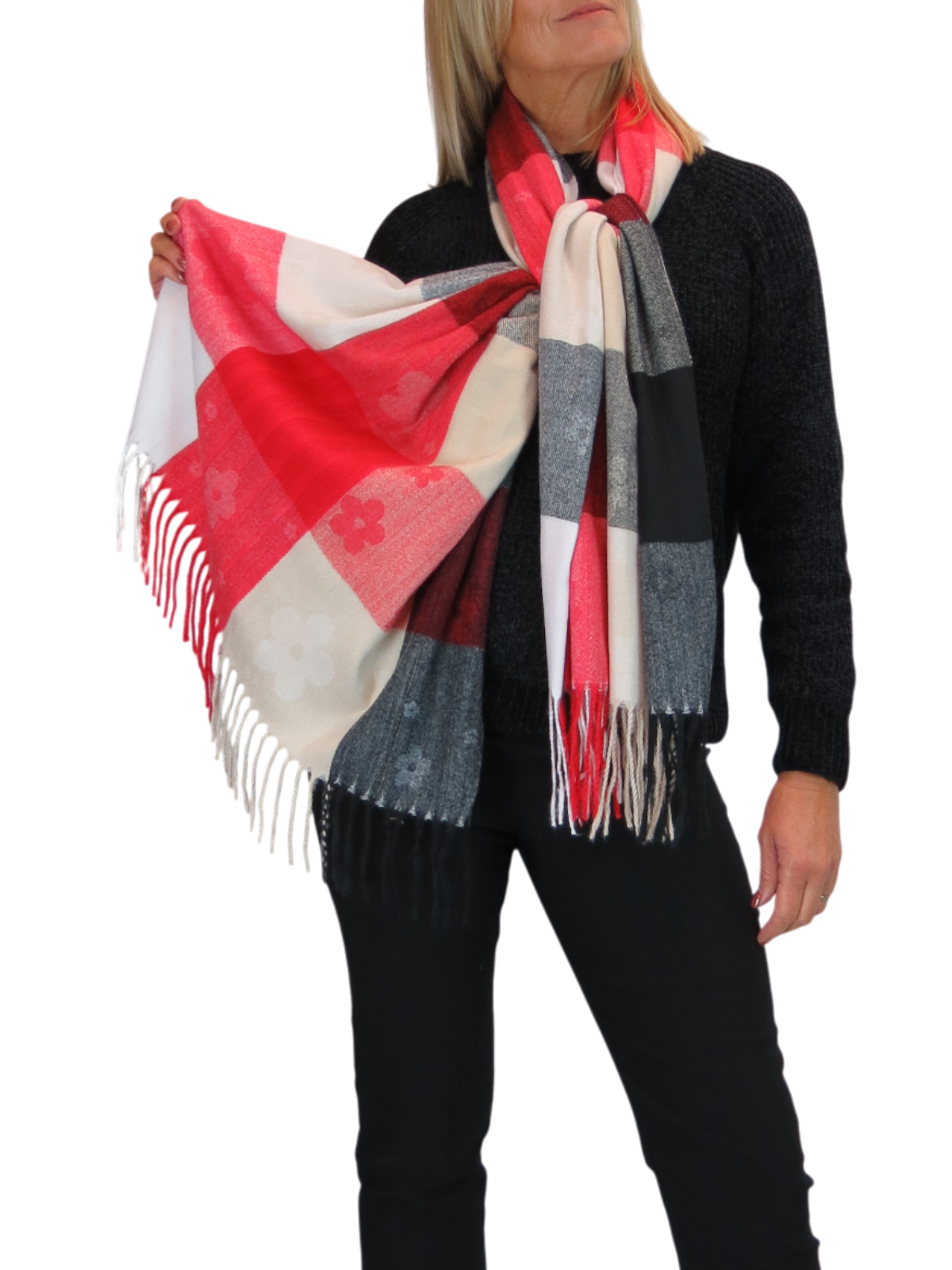 Wool Blend Scarf With Floral Details Red