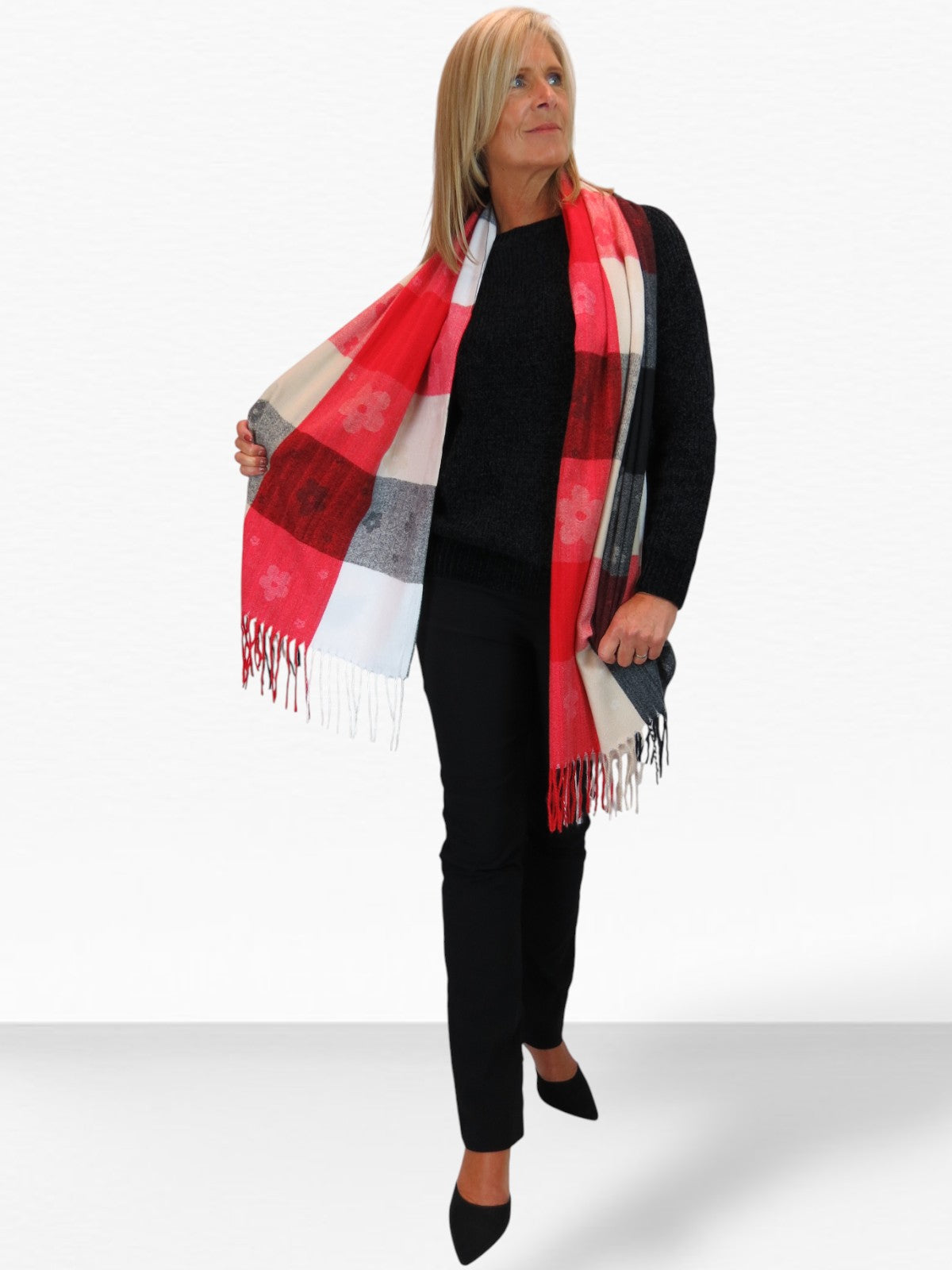 Wool Blend Scarf With Floral Details Red