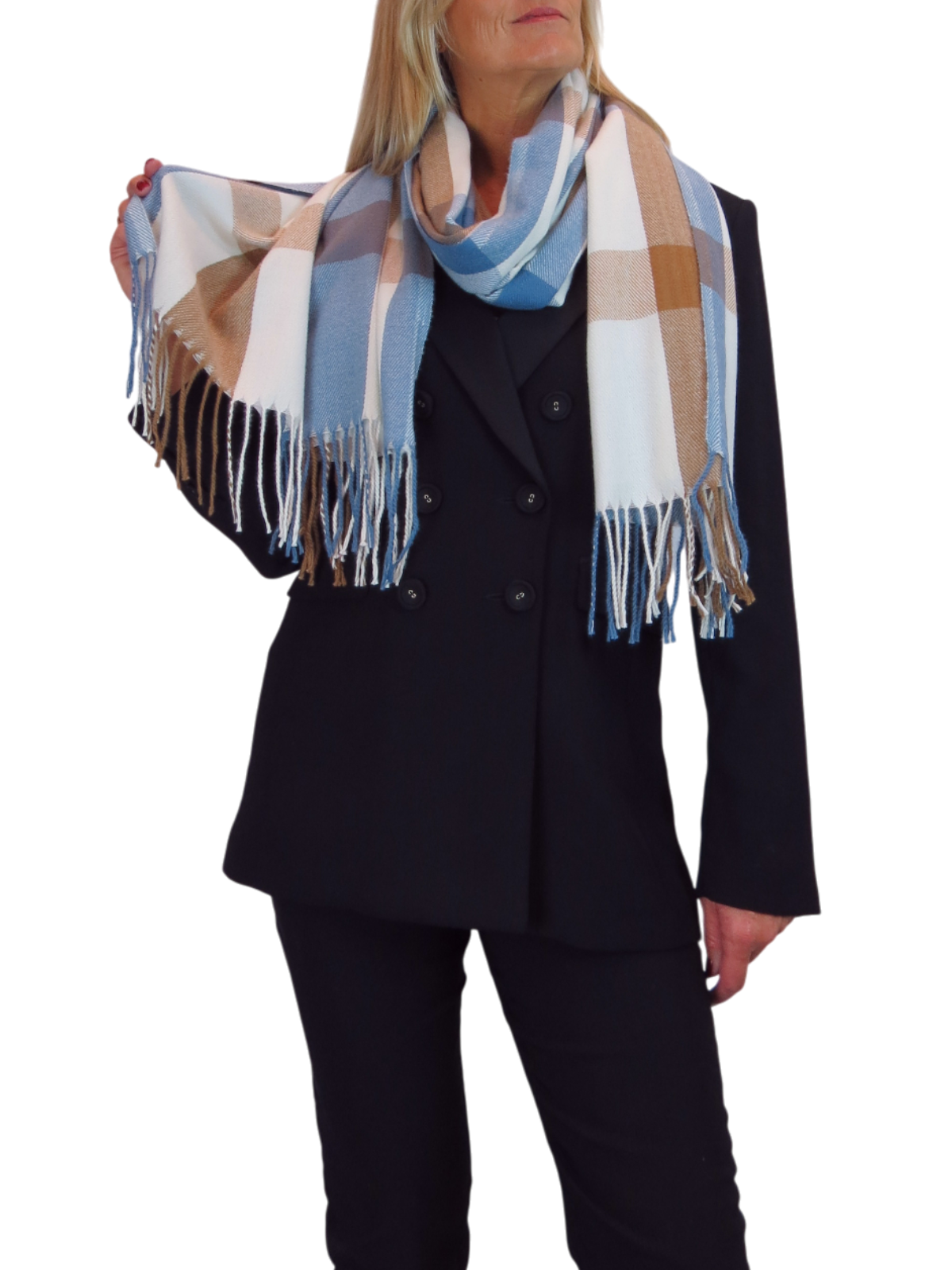 Wool Blend Large Plaid Design Wrap Scarf Blue/Brown