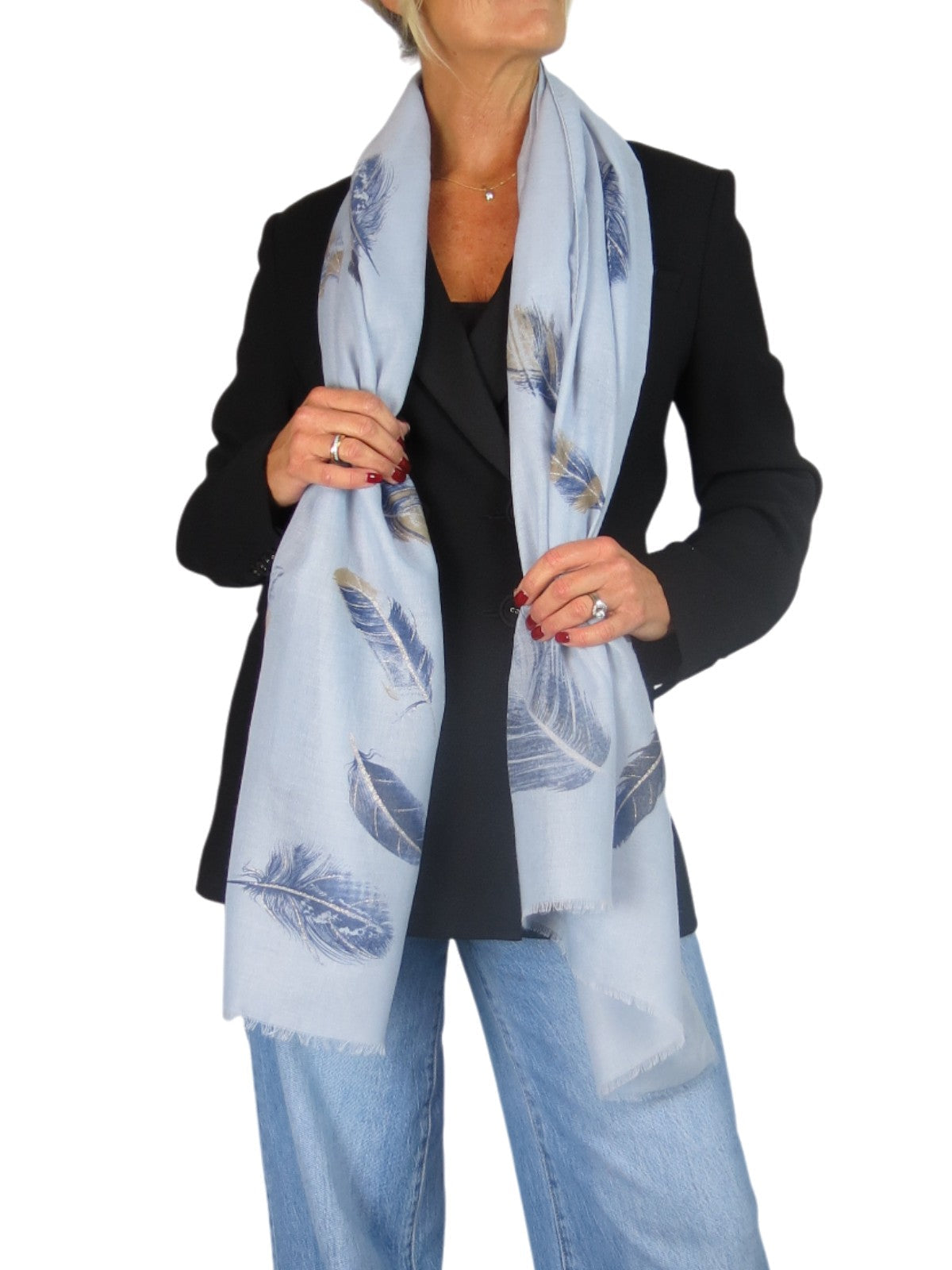 Golden Feather Print Scarf Sky Blue