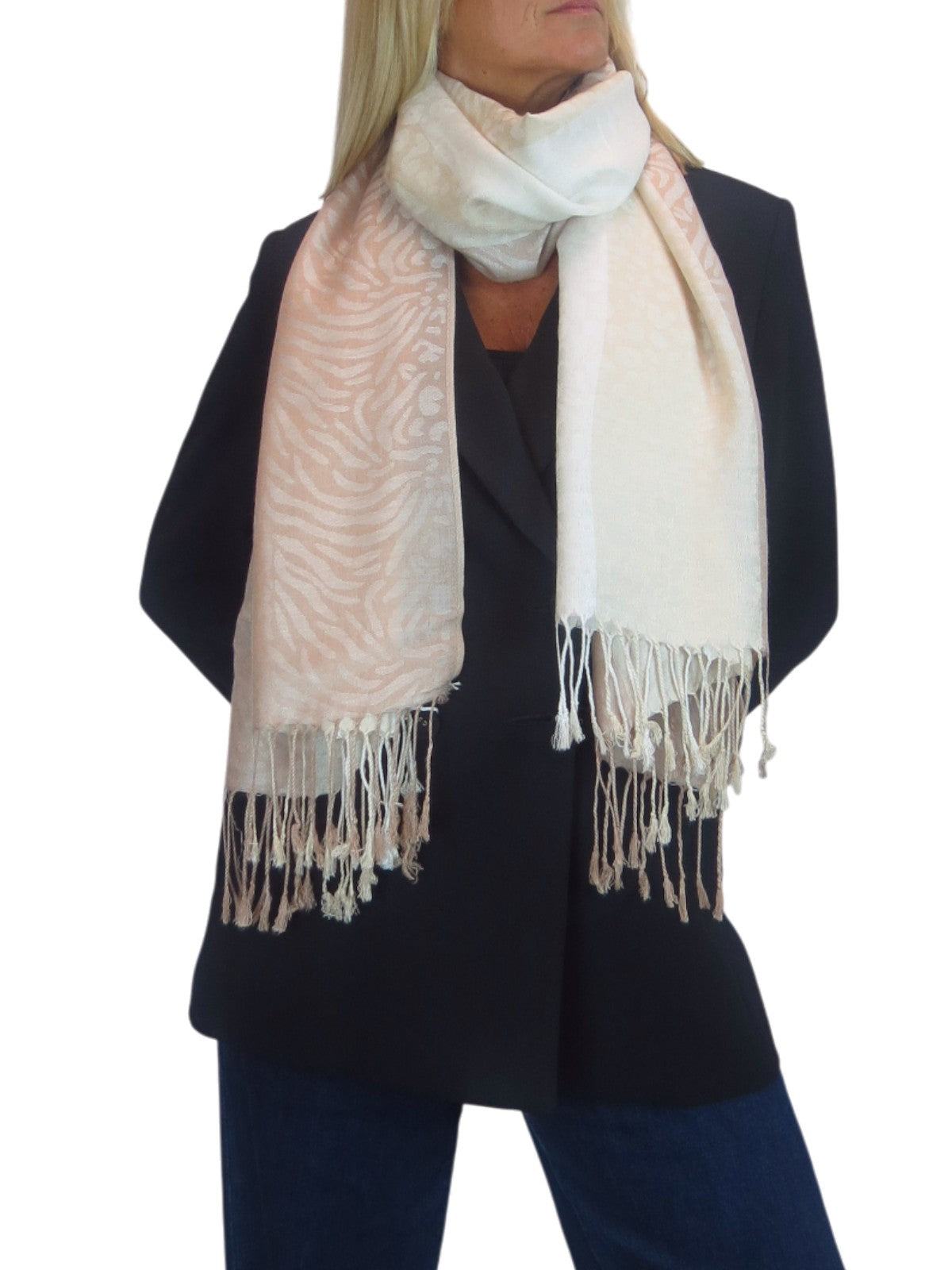 Block Stripe Animal Print Scarf Beige