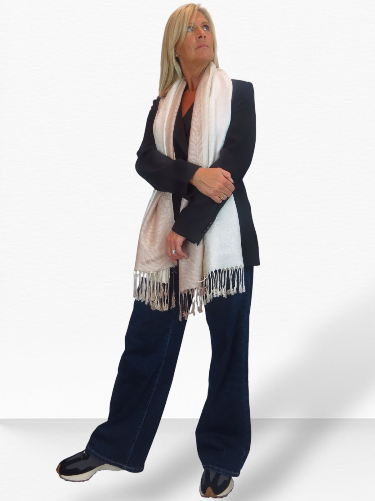 Block Stripe Animal Print Scarf Beige