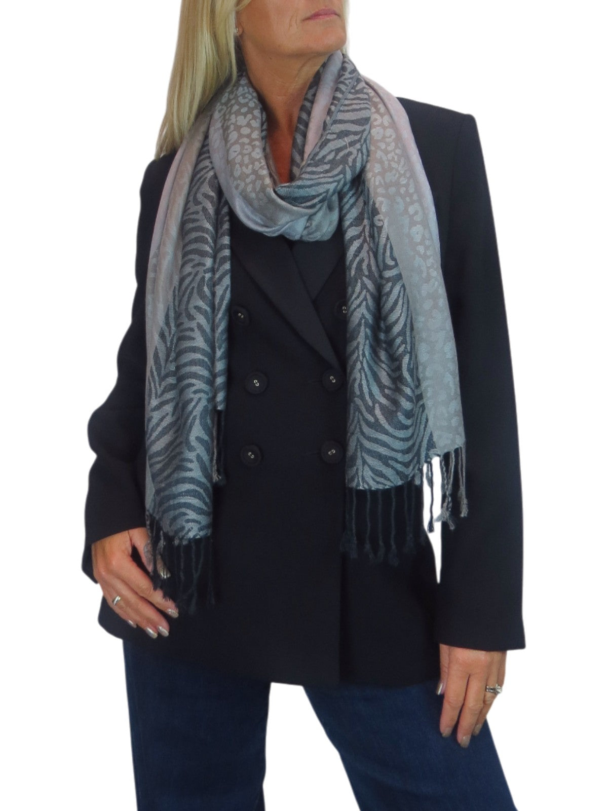 Block Stripe Animal Print Scarf Grey