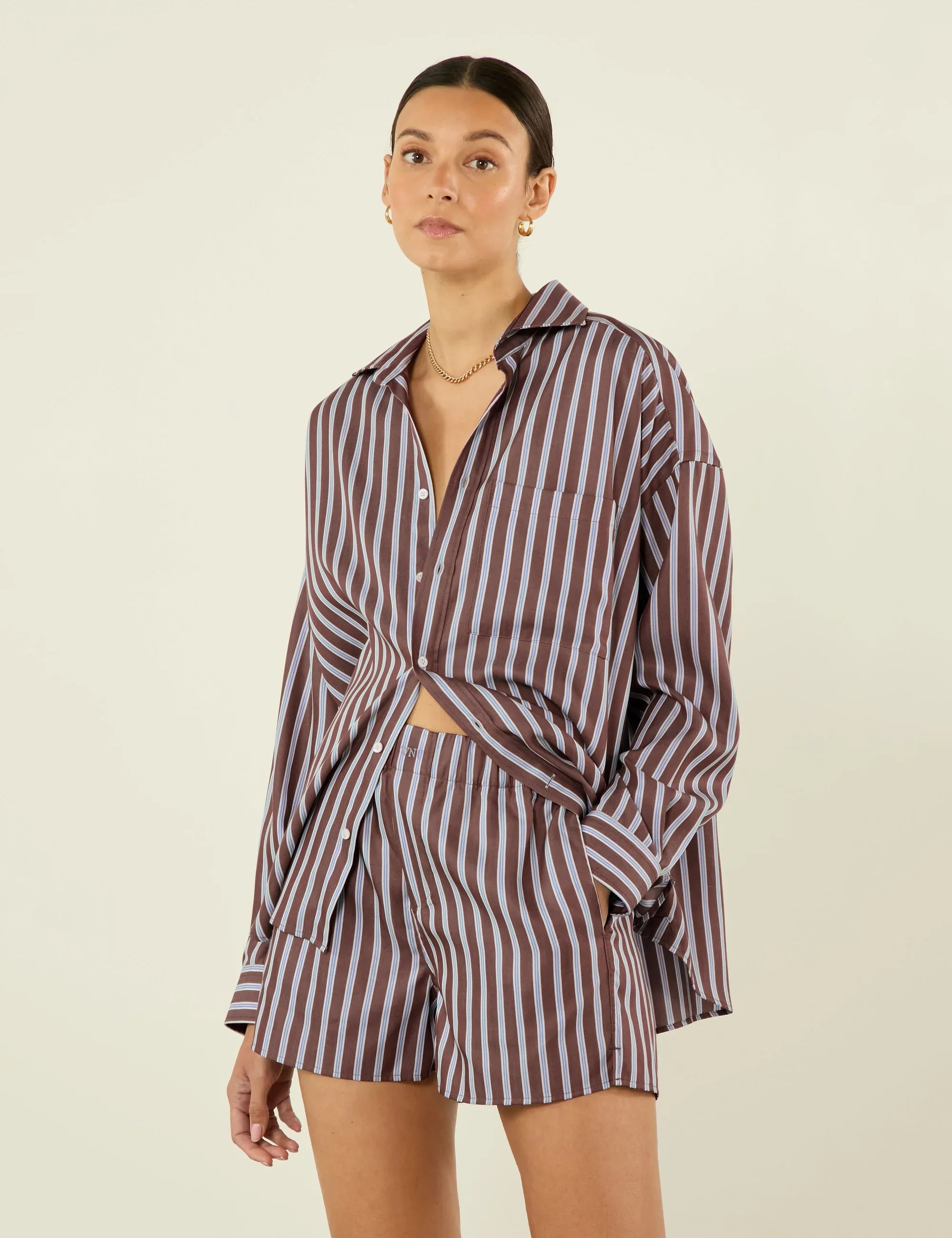 The Set: TENCEL™ Lyocell Mocha Multi Stripe Shirt & Boxer